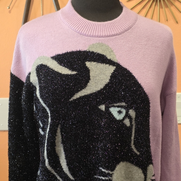 Kate Spade ♠️ Wool Lavender Panther Sweater. Sz Large - Picture 4 of 15